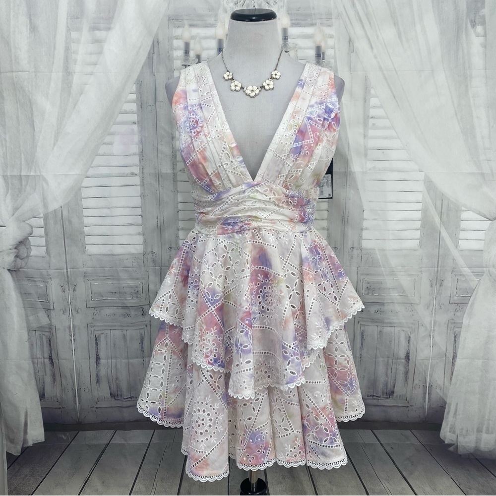 Gianni Bini White Purple Embroidered Plunge Deep V Neck Ruffle Tiered Dress NEW